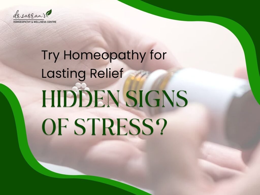 Hidden Signs of Stress? Try Homeopathy for Lasting Relief! 2 A close-up of hands holding homeopathic medicine, accompanied by the text "Try Homeopathy for Lasting Relief: Hidden Signs of Stress?" with a green and white design theme promoting stress relief through homeopathy.