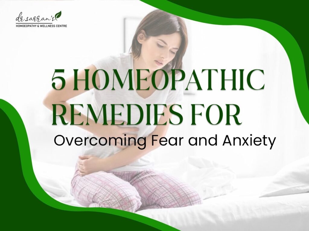Five homeopathic remedies displayed to help alleviate fear and anxiety in a calming setting.