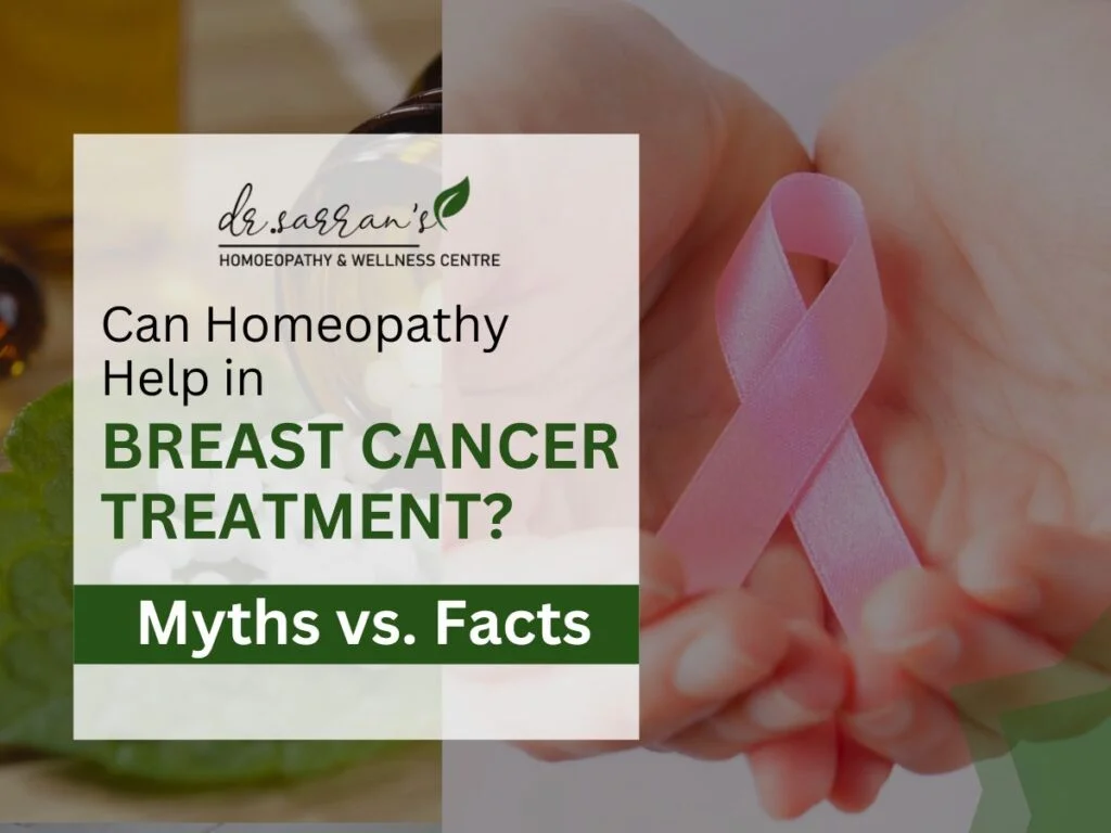 Informative banner discussing whether homeopathy can help in breast cancer treatment, highlighting myths vs. facts with a healthcare-focused design.