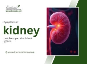 Common symptoms of kidney problems including swelling, fatigue, and frequent urination highlighted visually