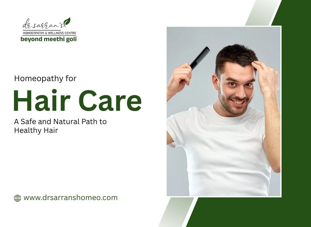 Woman gently applying natural oil to her hair, representing safe and effective homeopathy for hair care and healthy hair growth.