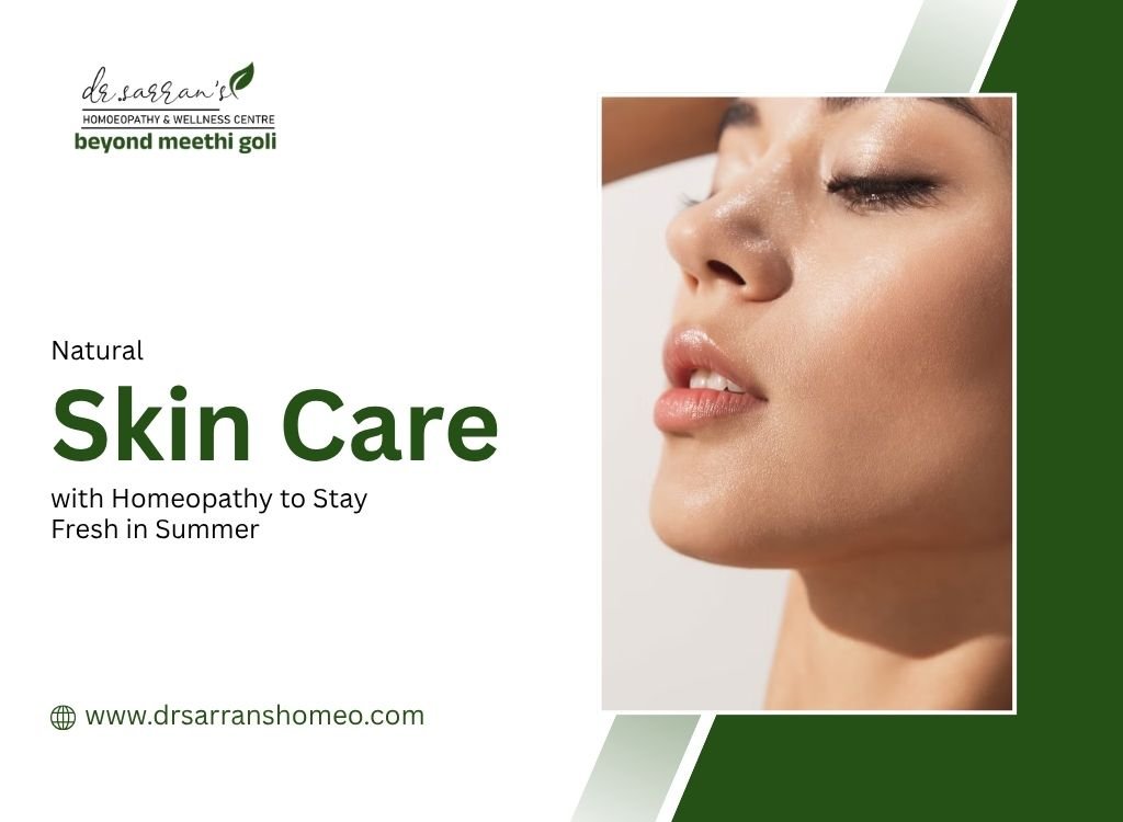 Woman enjoying fresh and healthy glowing skin during summer, representing natural skin care and homeopathic skin wellness.