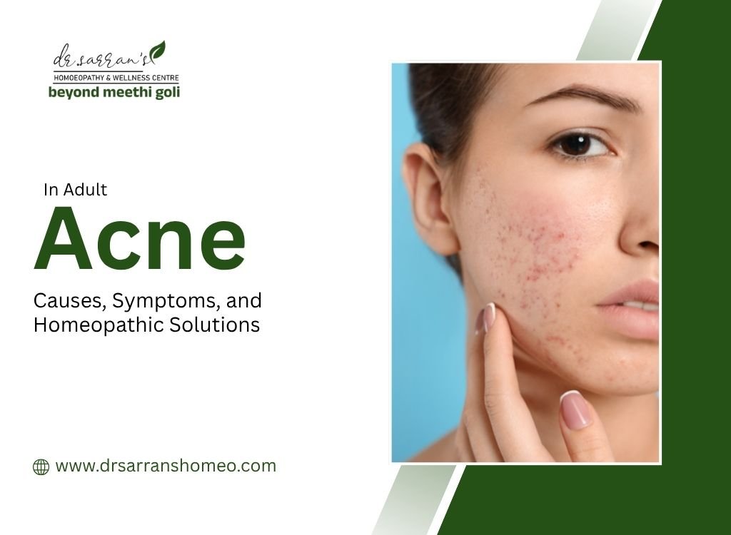 Adult woman examining acne and skin blemishes in the mirror, highlighting natural homeopathic solutions for adult acne treatment.